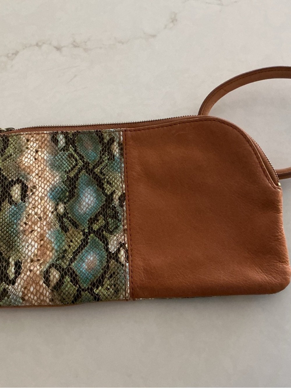 HOBO Leather Wristlet with Turquoise & Olive Snake-Print Accent